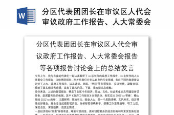 分區(qū)代表團團長在審議區(qū)人代會審議政府工作報告、人大常委會報告等各項報告討論會上的總結發(fā)言
