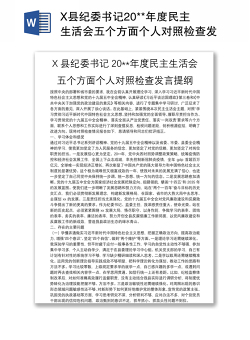 X县纪委书记20**年度民主生活会五个方面个人对照检查发言提纲