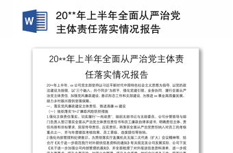 20**年上半年全面從嚴治黨主體責任落實情況報告