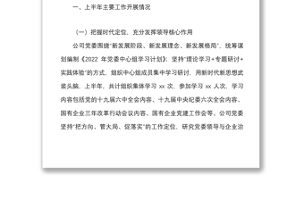 2022年上半年党建工作情况报告范文集团公司国有企业国企党建工作汇报总结