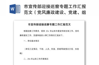 市宣傳部迎接巡察專題工作匯報范文（黨風廉政建設、黨建、組織人事工作總結，向巡察組報告）