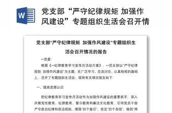 党支部“严守纪律规矩 加强作风建设”专题组织生活会召开情况的报告