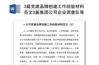 3篇黨建品牌創建工作經驗材料范文3篇集團公司企業調查隊等工作匯報總結報告