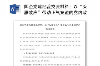 國企黨建經驗交流材料：以“頭雁效應”帶動正氣充盈的黨內政治文化