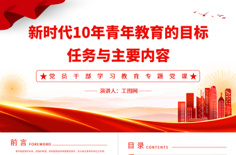 2022新时代10年青年教育的目标、任务与主要内容PPT大气党建风党员干部学习教育专题党课党建课件