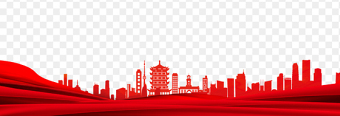 红色底部边框飞扬的飘带建筑物剪影免抠党政元素素材