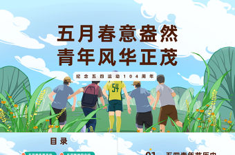 2023五月春意盎然青年風華正茂PPT卡通風風紀念五四運動104周年主題班會課件模板