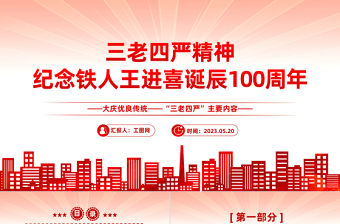 2023紀念鐵人王進喜誕辰100周年PPT黨政風大慶優(yōu)良傳統(tǒng)三老四嚴主題內容黨課課件模板