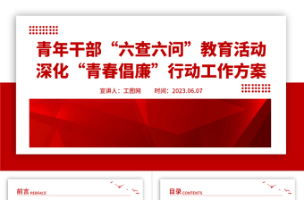 2023简洁精美青年干部“六查六问”教育活动深化“青春倡廉”行动工作方案党课PPT课件