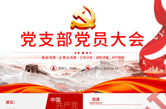 2021黨支部黨員大會PPT紅色大氣基層黨組織黨務工作總結問題分析及工作計劃黨課模板