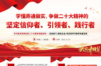 2022學(xué)懂弄通做實(shí)爭做二十大精神的堅(jiān)定信仰者引領(lǐng)者踐行者PPT紅色精美風(fēng)學(xué)習(xí)宣傳貫徹黨的二十大精神專題黨課課件模板