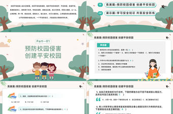 2023平安校園知識競賽PPT綠色卡通風中小學生創建平安校園知識競賽主題班會課件模板
