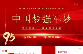 中國夢強(qiáng)軍夢PPT黨政大氣風(fēng)熱烈慶祝中國人民解放軍建軍95周年專題黨課課件模板