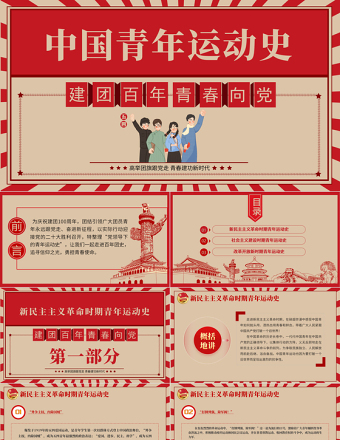 中國(guó)青年運(yùn)動(dòng)史PPT紅色復(fù)古風(fēng)建團(tuán)百年青春向黨弘揚(yáng)五四精神揮灑熱血青春專題團(tuán)課