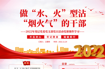 2022做水火型沾煙火氣的干部PPT紅色黨政風(fēng)基層黨委黨支部黨日活動(dòng)黨課課件模板