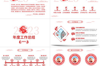 2023年終工作報告PPT紅色剪紙風兔年年終總結新年工作計劃模板