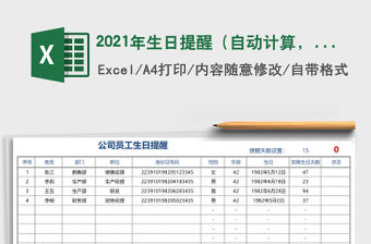 2021年生日提醒（自動計算，可打印，自動提醒，顏色標記）