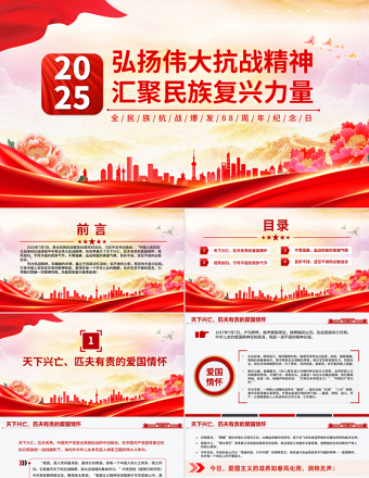 弘揚(yáng)偉大抗戰(zhàn)精神匯聚民族復(fù)興力量PPT紅色簡(jiǎn)潔全民族抗戰(zhàn)爆發(fā)88周年紀(jì)念日課件