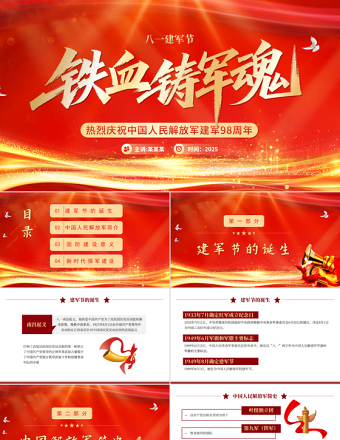 2025鐵血鑄軍魂P(guān)PT紅色大氣熱烈慶祝建軍98周年專(zhuān)題黨課課件模板