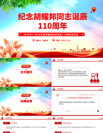 紀念胡耀邦同志誕辰110周年PPT主題課件