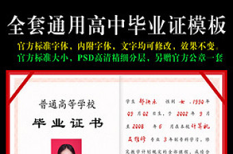 全套通用學(xué)校中專高中畢業(yè)證PSD模版