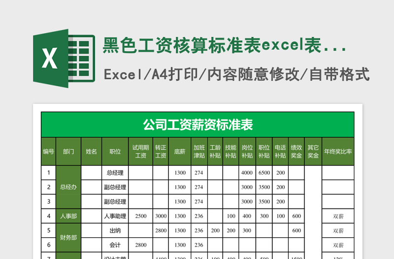 黑色工资核算标准表excel表模板