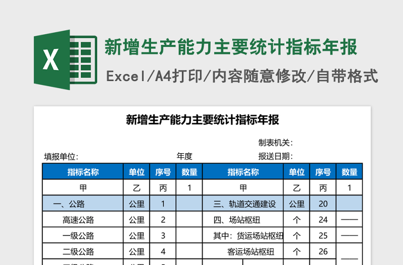 新增生产能力主要统计指标年报Excel模板