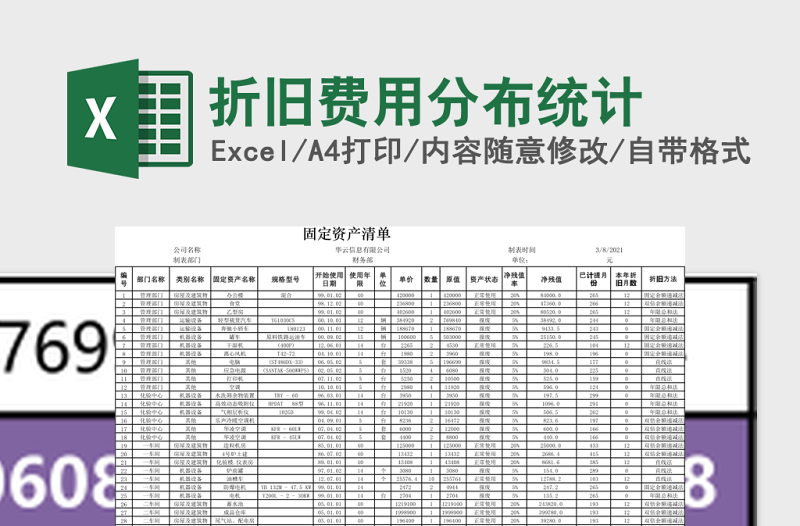 折旧费用分布统计excel模板