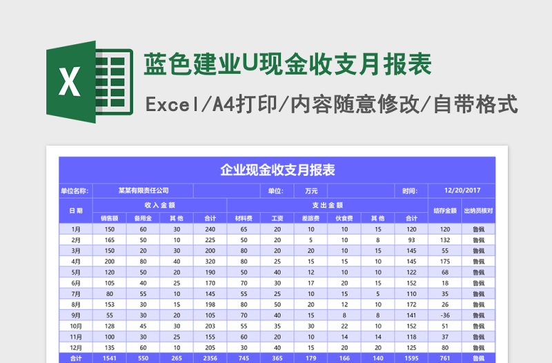 蓝色建业U现金收支月报表excel模板