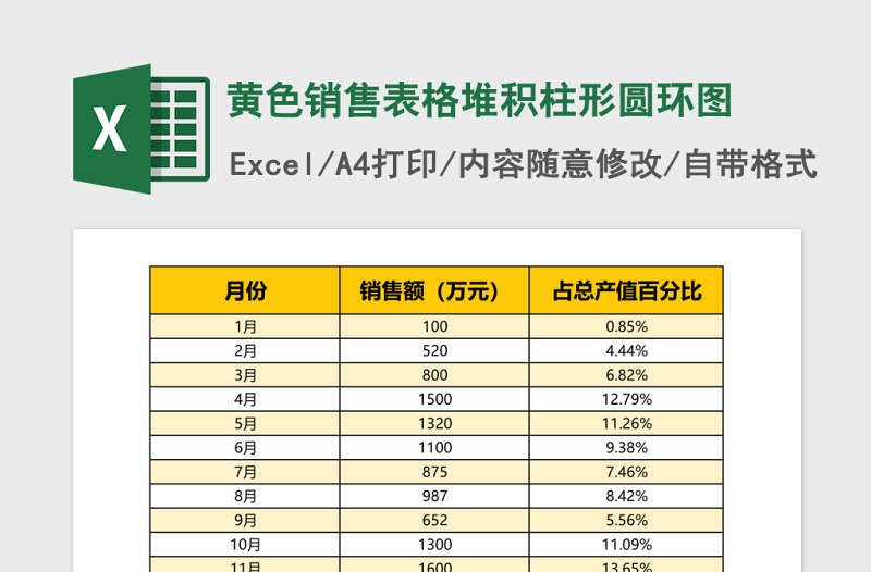 黄色销售表格堆积柱形圆环图Excel模板