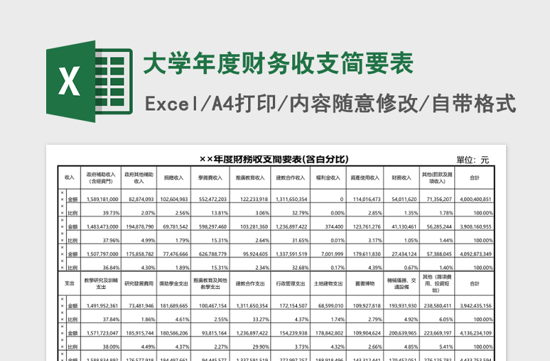 大学年度财务收支简要表Excel表格