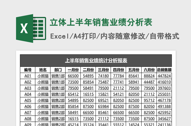 立体上半年销售业绩分析表Excel模板