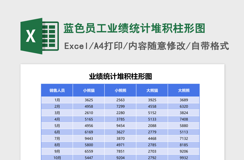 蓝色员工业绩统计堆积柱形图Excel模板