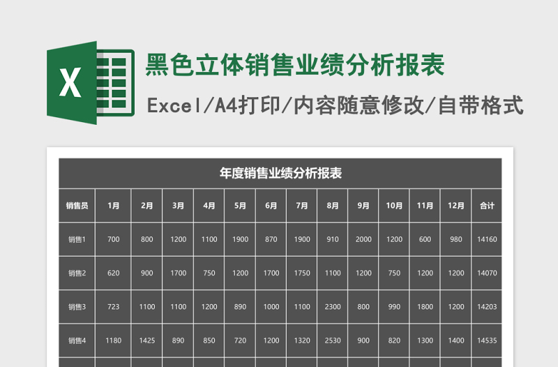 黑色立体销售业绩分析报表Excel模板
