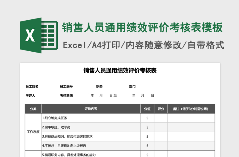 销售人员通用绩效评价考核表excel表格模板