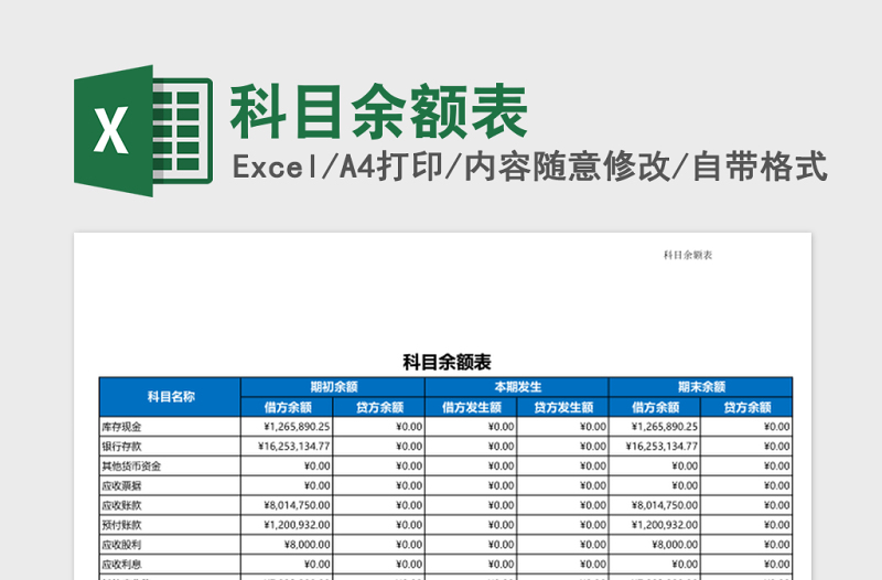 科目余额表Excel模板