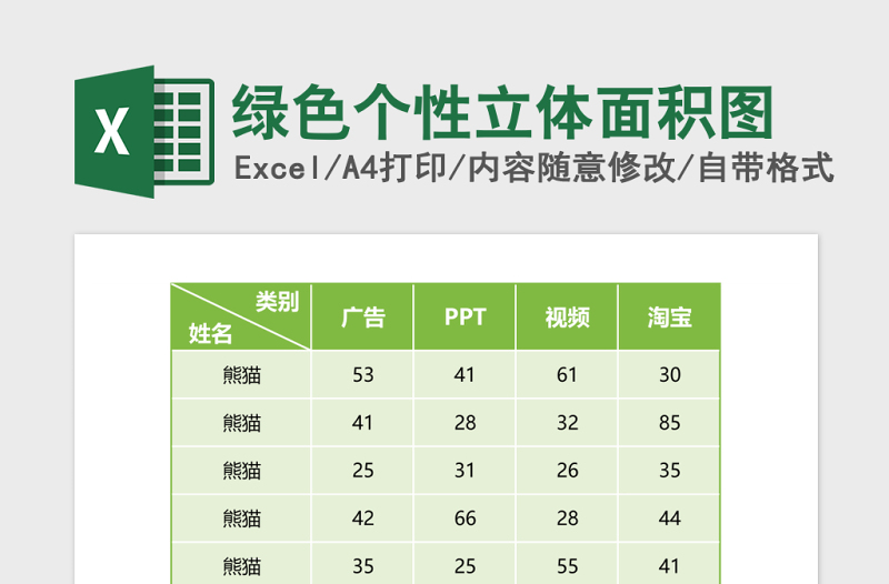 绿色个性立体面积图excel模板