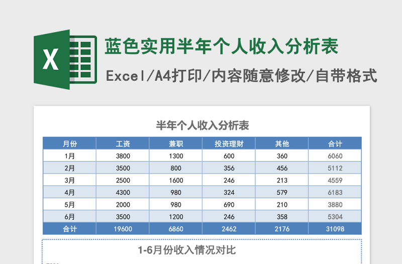 蓝色实用半年个人收入分析表excel模板