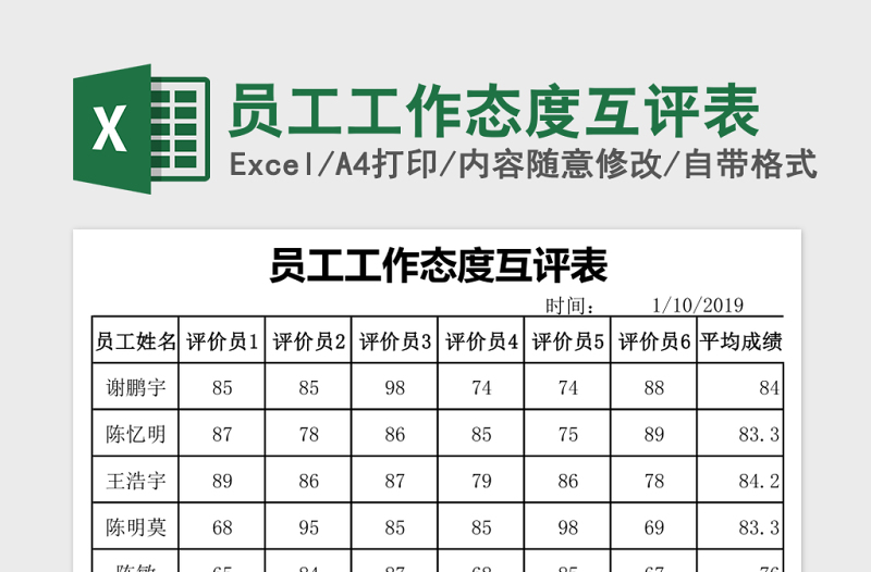 员工工作态度互评表excel模板