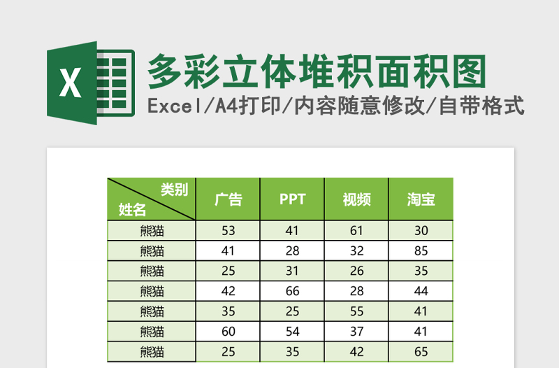 多彩立体堆积面积图excel模板