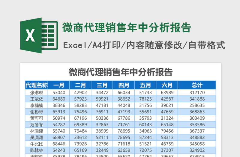 微商代理销售年中分析报告Excel模板