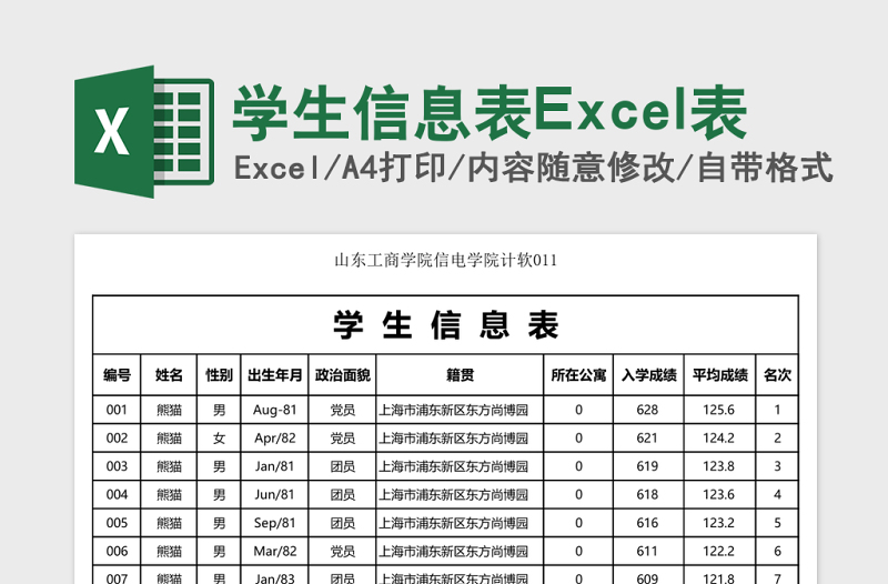 学生信息表Excel表