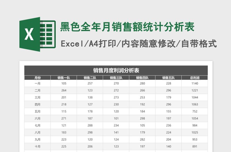 黑色全年月销售额统计分析表excel模板