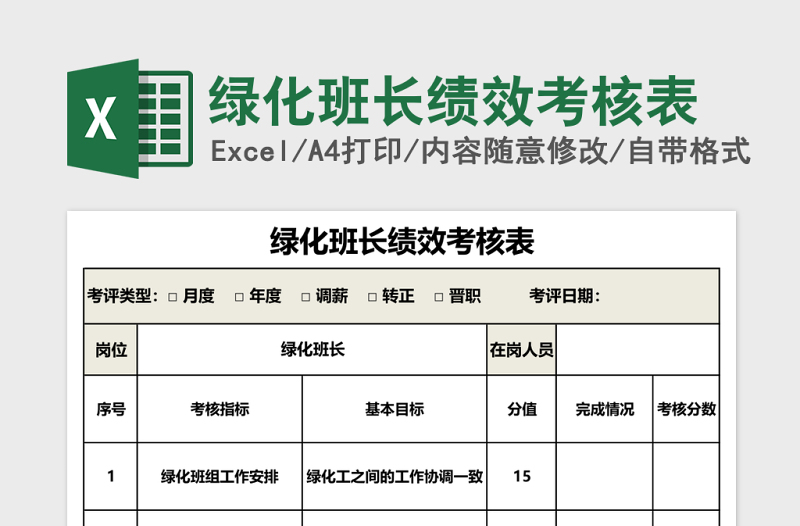 绿化班长绩效考核表Excel表格