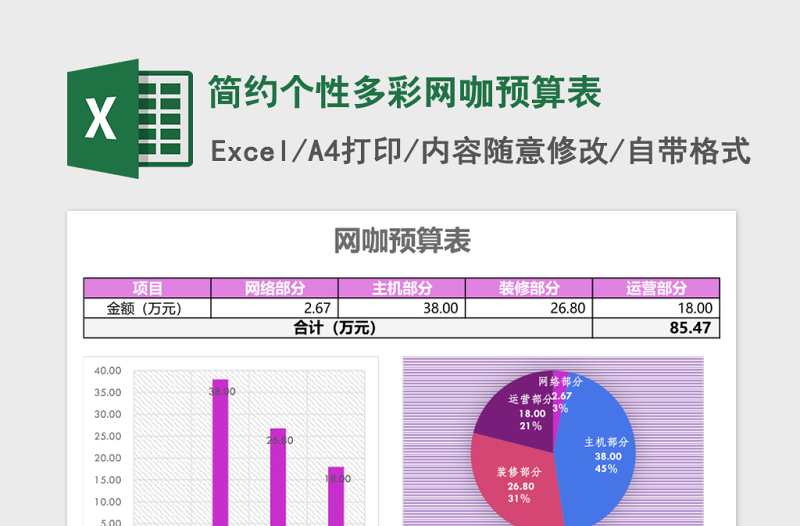 简约个性多彩网咖预算表excel模板