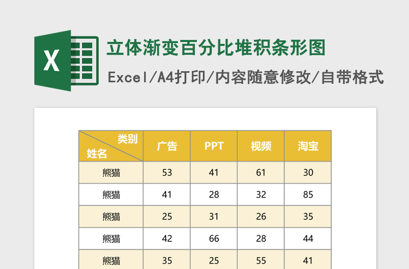 立体渐变百分比堆积条形图excel模板