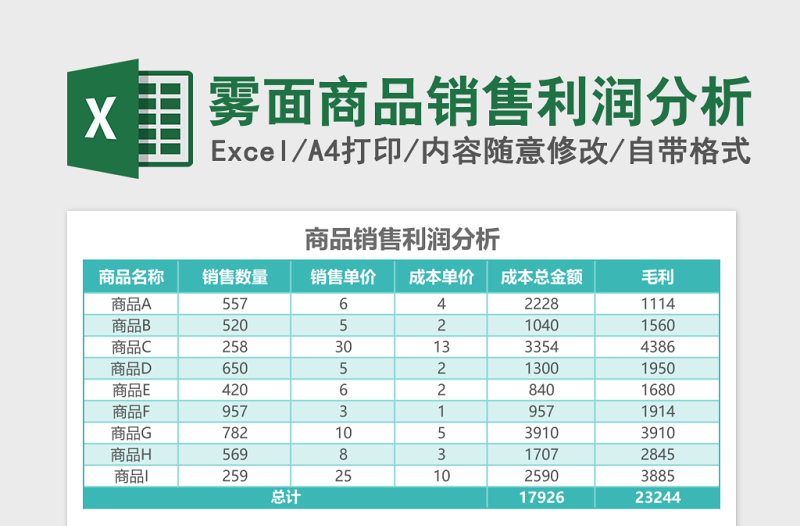 雾面商品销售利润分析excel模板