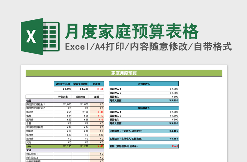 月度家庭预算表格excel模板