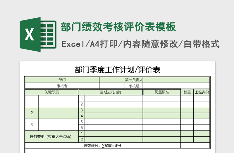 部门绩效考核评价表excel表格模板