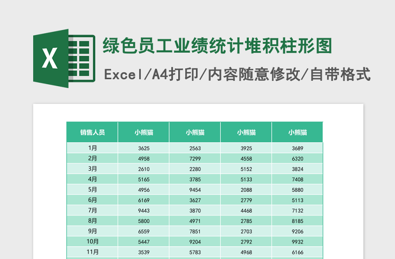 绿色员工业绩统计堆积柱形图Excel模板